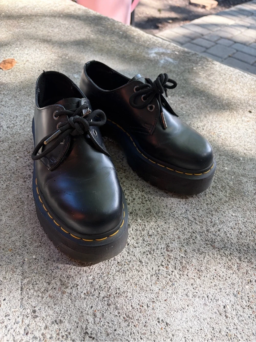 Dr. Martens Black Leather Platform Oxfords with Yellow Stitching